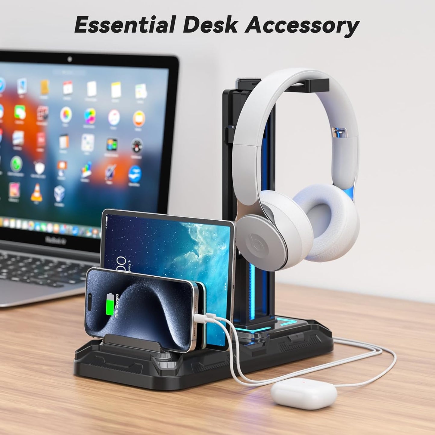 Support de Casque de Bureau avec Support Téléphone - Support Détachable pour Manette avec 9 Modes d'Éclairage, Repose-Casque Gaming avec Ports de Charge USB, Porte-Casque Rotatif pour Accessoires de PC Gaming