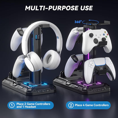 Support de Casque de Bureau avec Support Téléphone - Support Détachable pour Manette avec 9 Modes d'Éclairage, Repose-Casque Gaming avec Ports de Charge USB, Porte-Casque Rotatif pour Accessoires de PC Gaming