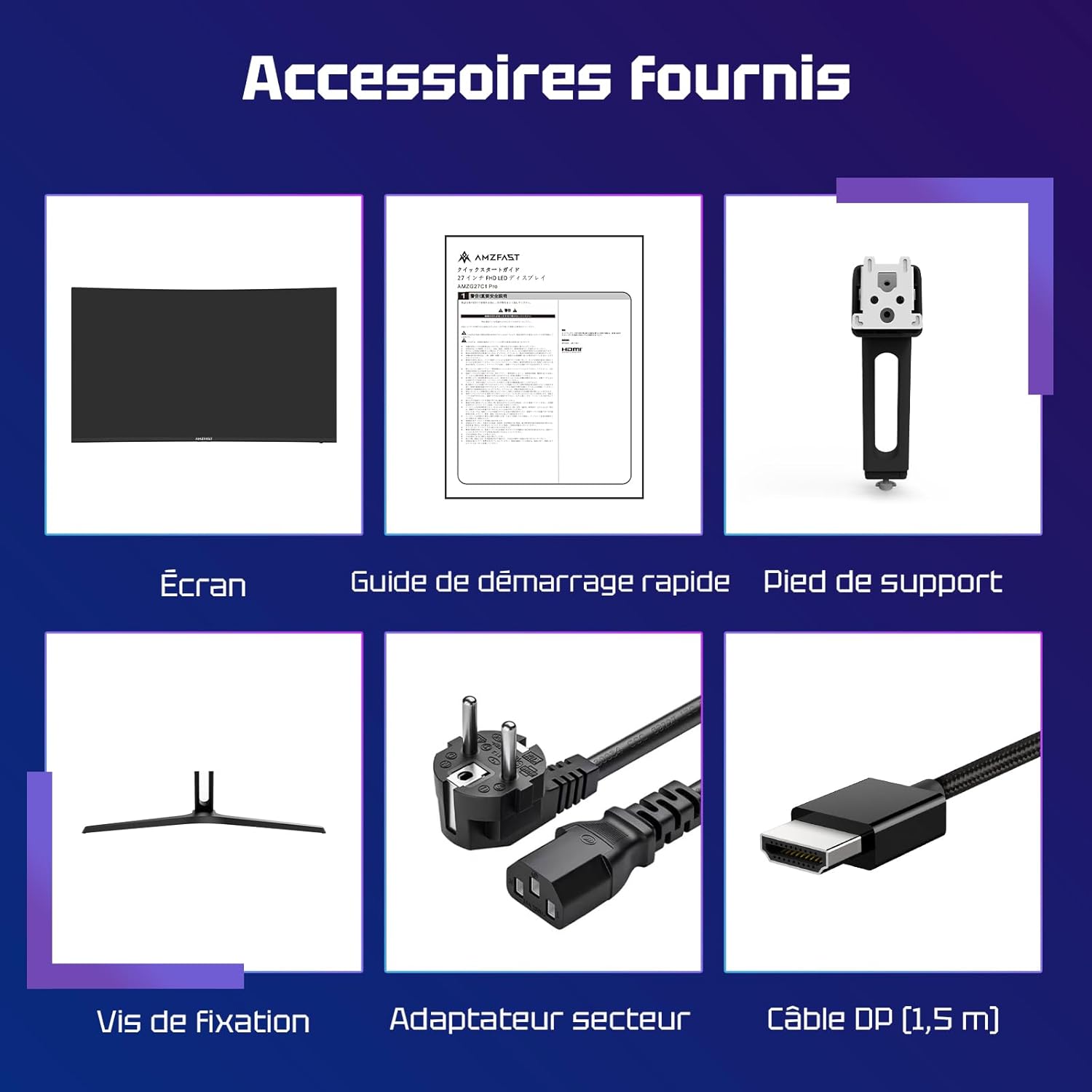 Ecran PC Gamer Incurvé 27 Pouces - 240Hz, FHD 1920X1080, 1Ms MPRT, Srgb 130%, Anti-Lumière Bleue, HDR, Adaptive Sync, HDMI 2.0/DP 1.4, VESA 100X100, Amzg27C1Pro