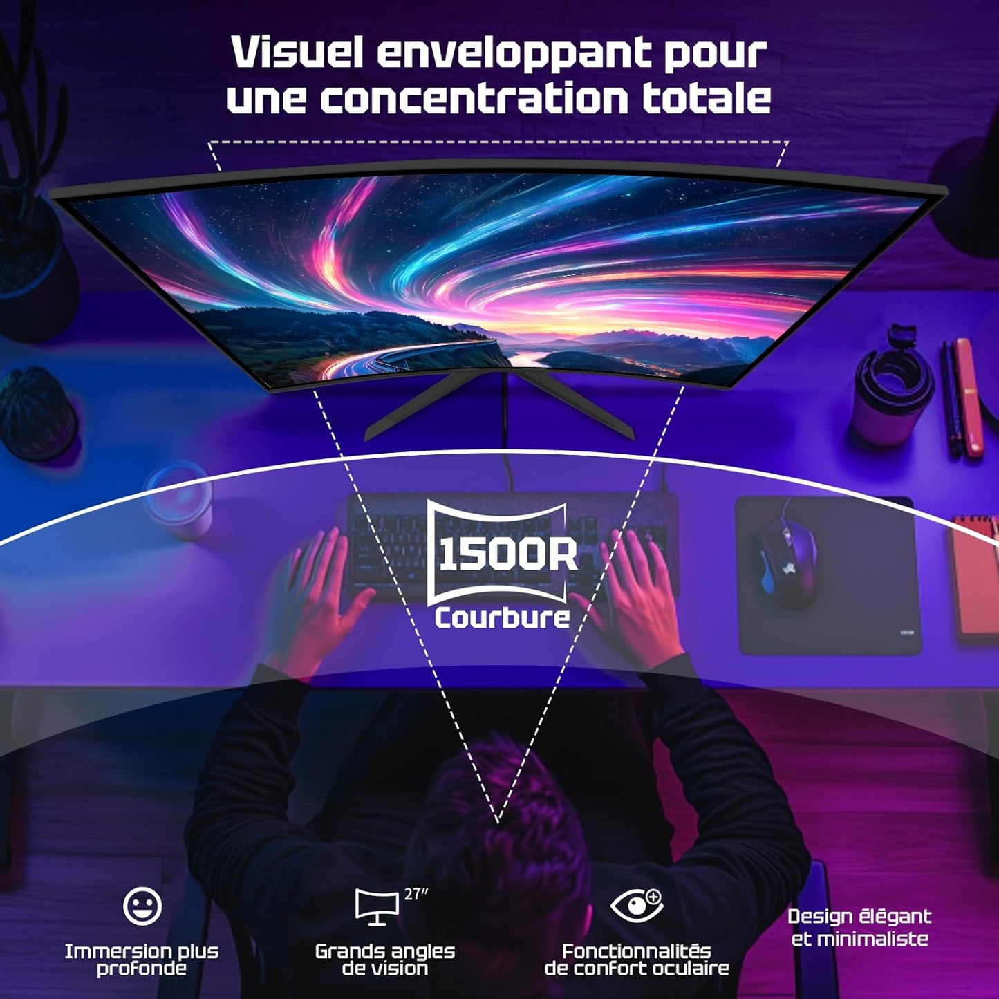 Ecran PC Gamer Incurvé 27 Pouces - 240Hz, FHD 1920X1080, 1Ms MPRT, Srgb 130%, Anti-Lumière Bleue, HDR, Adaptive Sync, HDMI 2.0/DP 1.4, VESA 100X100, Amzg27C1Pro