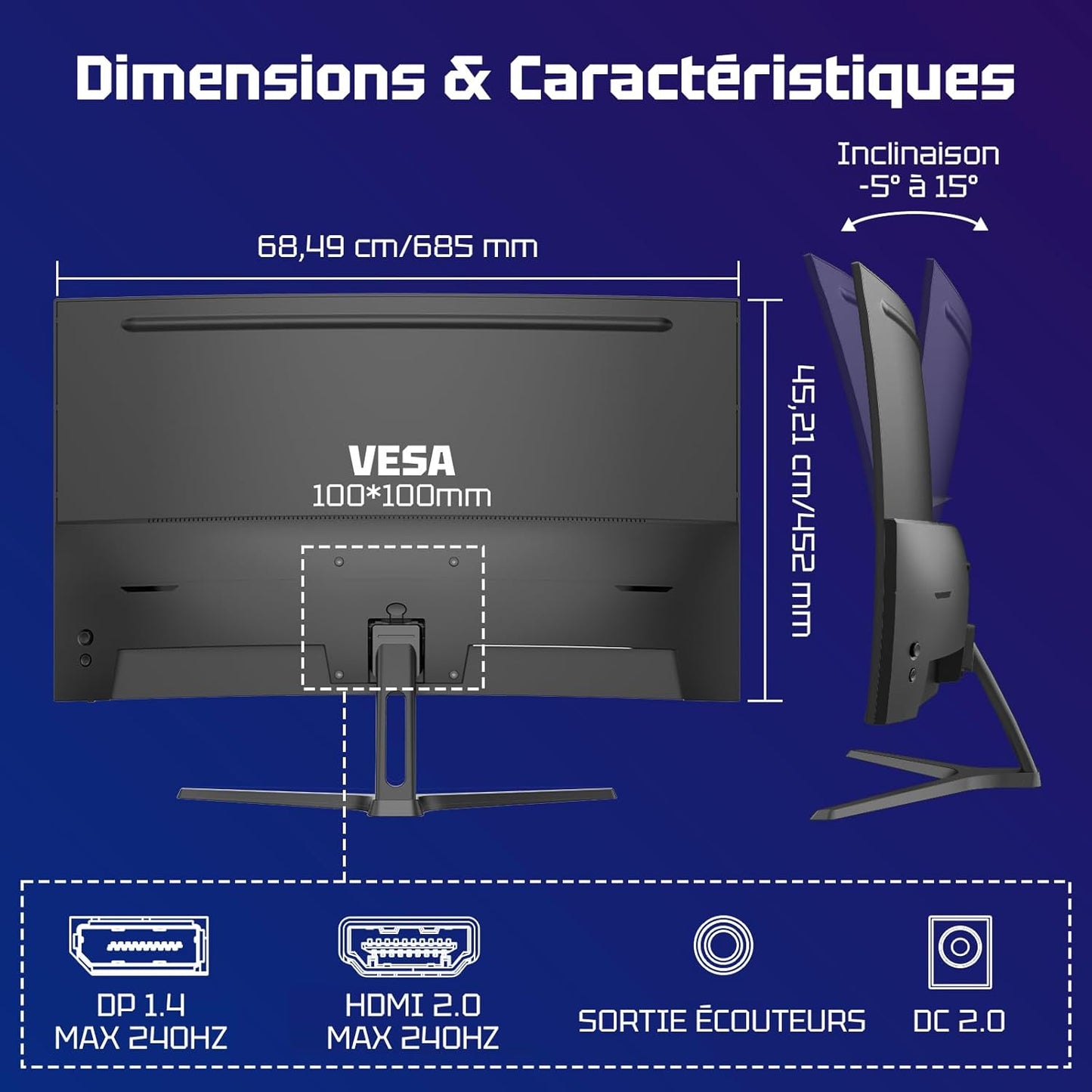 Ecran PC Gamer Incurvé 27 Pouces - 240Hz, FHD 1920X1080, 1Ms MPRT, Srgb 130%, Anti-Lumière Bleue, HDR, Adaptive Sync, HDMI 2.0/DP 1.4, VESA 100X100, Amzg27C1Pro