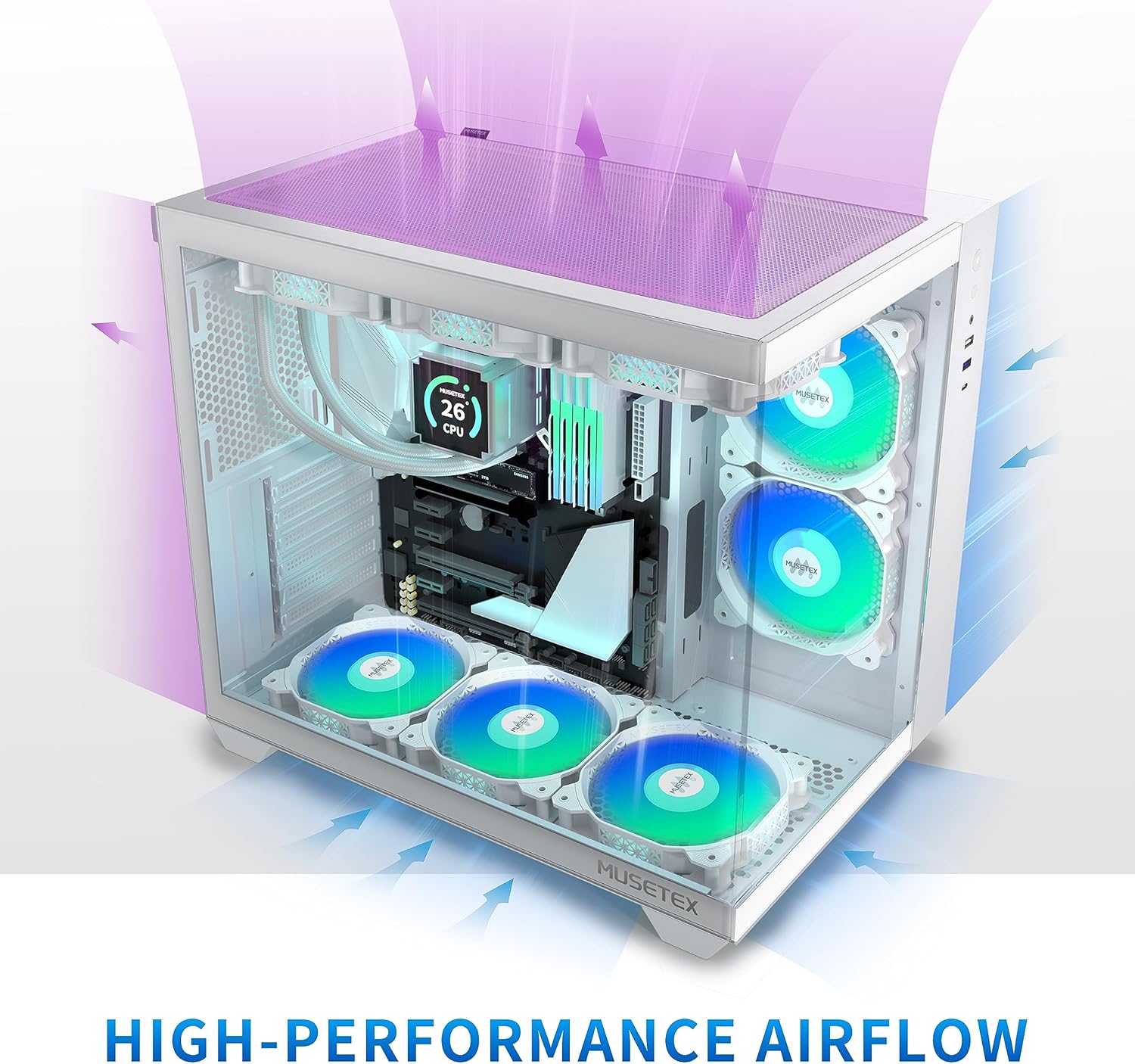 Boitier PC ATX,6 Ventilateurs PWM ARGB Préinstallés,Support RAD 360MM Boitier PC Gamer,Type-C 270° Full View Verre Trempé Mid Tower ATX Boîtiers PC, White, Y6