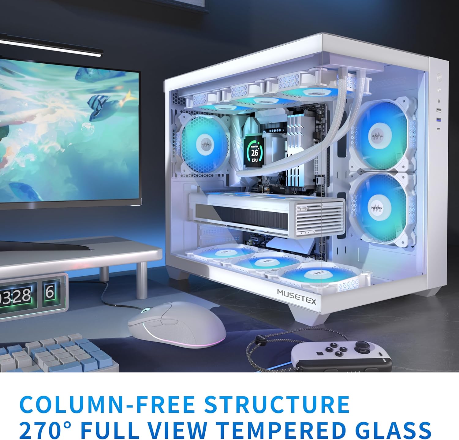 Boitier PC ATX,6 Ventilateurs PWM ARGB Préinstallés,Support RAD 360MM Boitier PC Gamer,Type-C 270° Full View Verre Trempé Mid Tower ATX Boîtiers PC, White, Y6