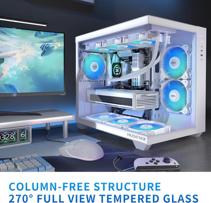 Boitier PC ATX,6 Ventilateurs PWM ARGB Préinstallés,Support RAD 360MM Boitier PC Gamer,Type-C 270° Full View Verre Trempé Mid Tower ATX Boîtiers PC, White, Y6