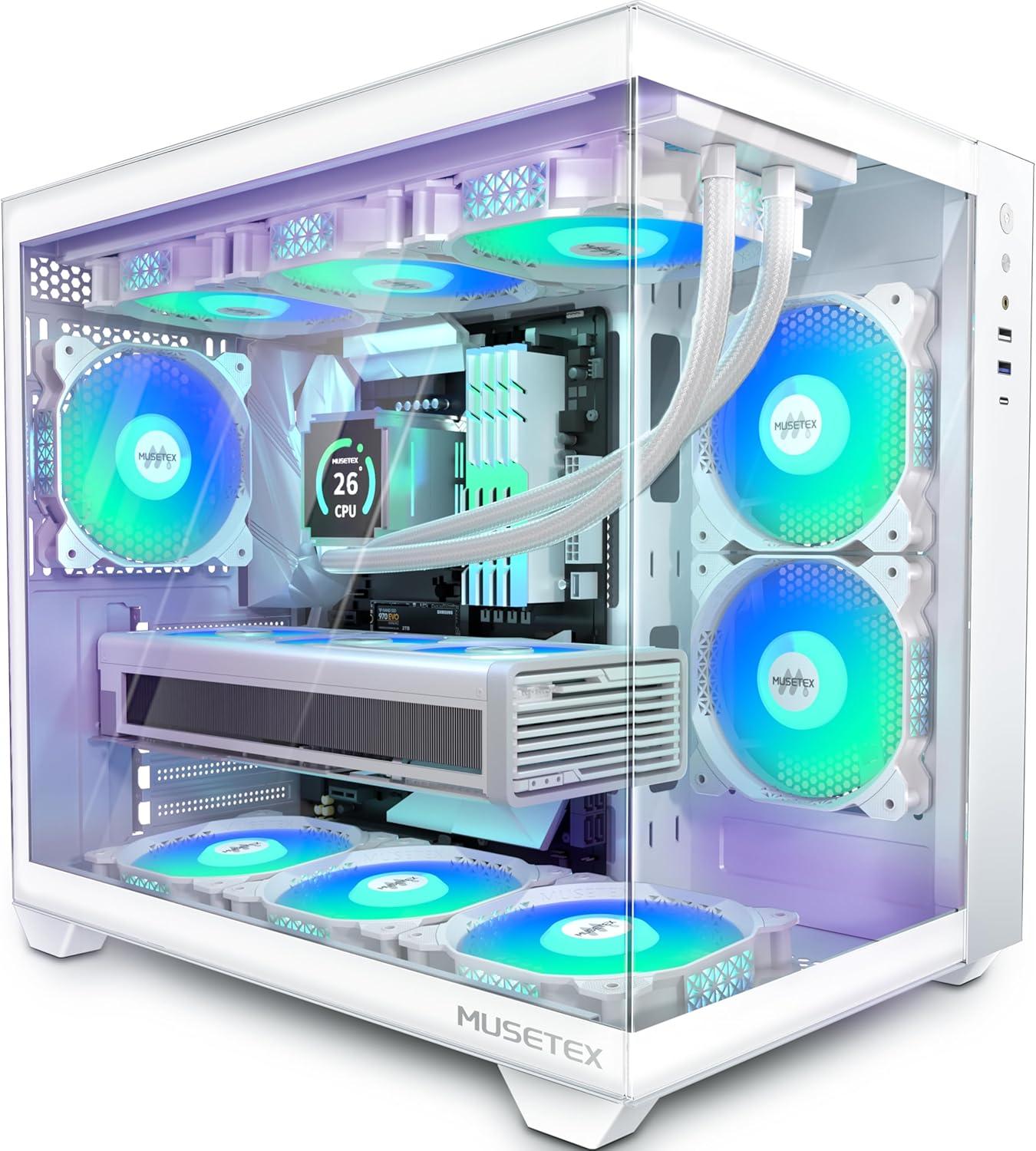 Boitier PC ATX,6 Ventilateurs PWM ARGB Préinstallés,Support RAD 360MM Boitier PC Gamer,Type-C 270° Full View Verre Trempé Mid Tower ATX Boîtiers PC, White, Y6