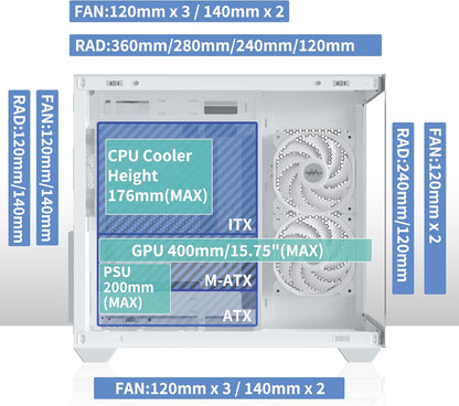Boitier PC ATX,6 Ventilateurs PWM ARGB Préinstallés,Support RAD 360MM Boitier PC Gamer,Type-C 270° Full View Verre Trempé Mid Tower ATX Boîtiers PC, White, Y6