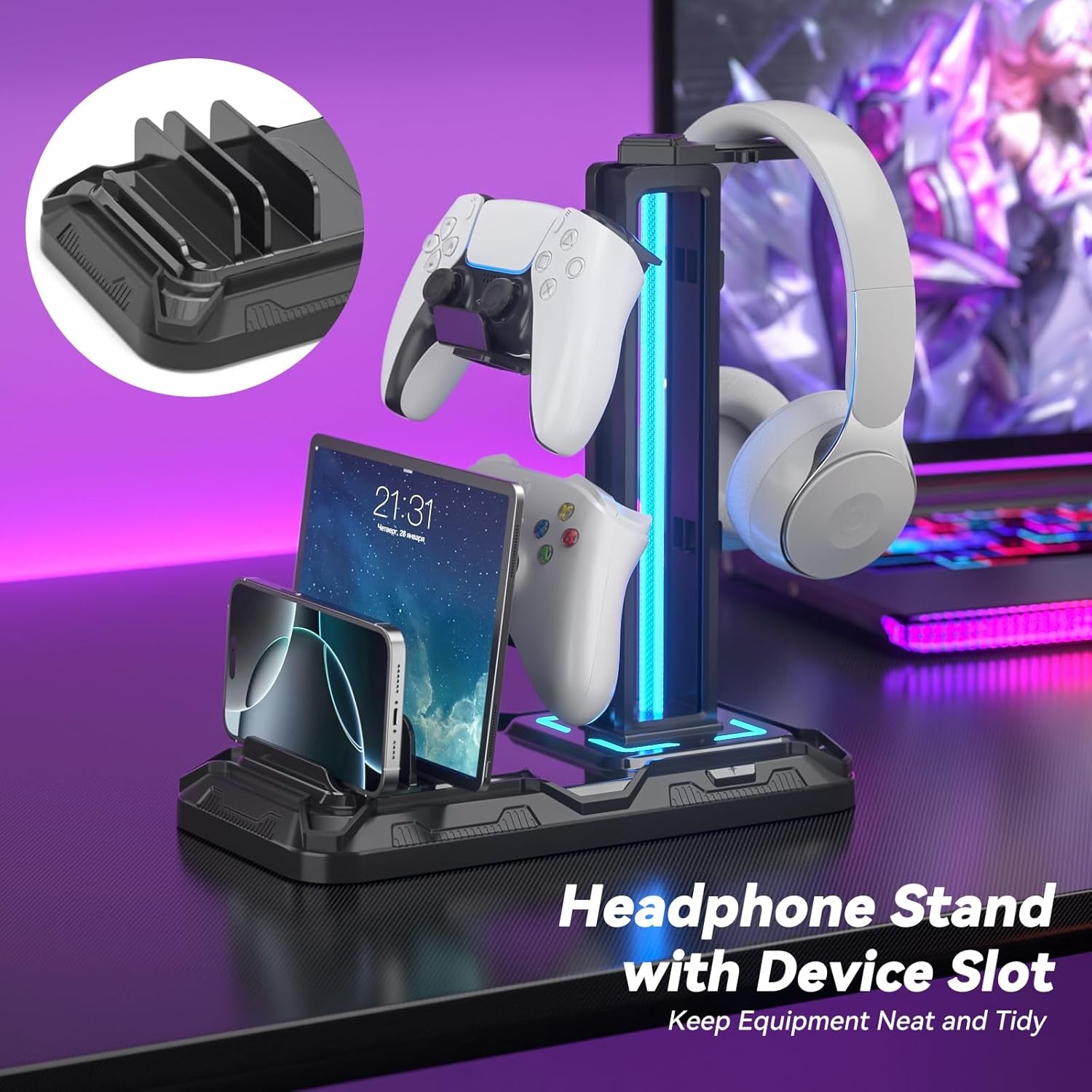 Support de Casque de Bureau avec Support Téléphone - Support Détachable pour Manette avec 9 Modes d'Éclairage, Repose-Casque Gaming avec Ports de Charge USB, Porte-Casque Rotatif pour Accessoires de PC Gaming