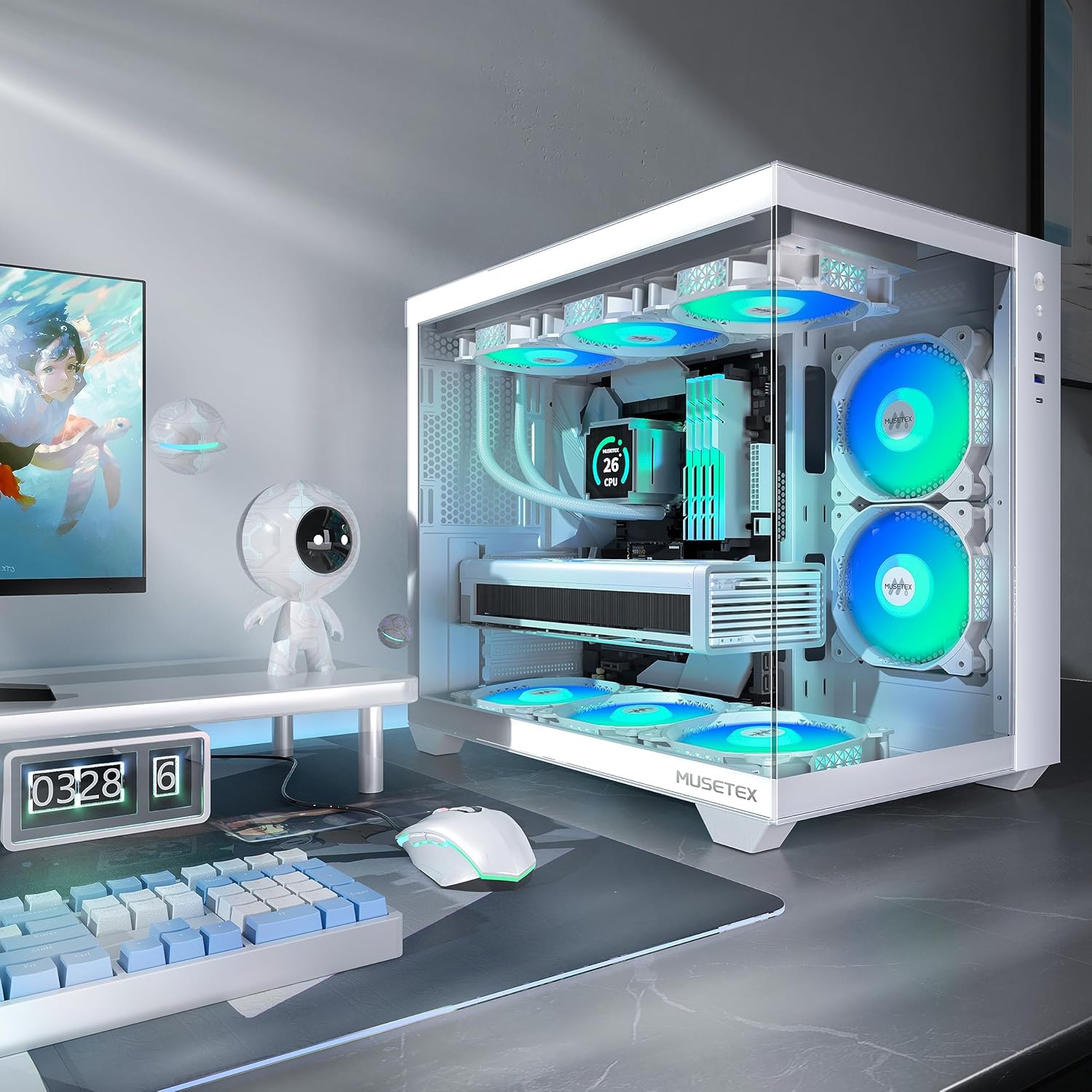 Boitier PC ATX,6 Ventilateurs PWM ARGB Préinstallés,Support RAD 360MM Boitier PC Gamer,Type-C 270° Full View Verre Trempé Mid Tower ATX Boîtiers PC, White, Y6