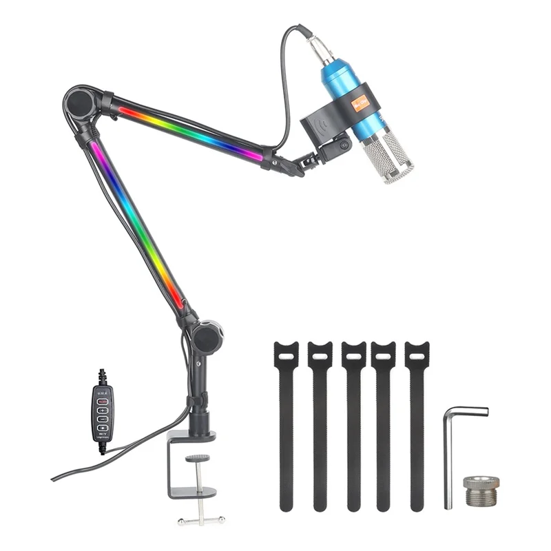 Support de micro RGB, bras de micro avec lumière RGB, bras articulé rotatif à suspension pour streaming et gaming