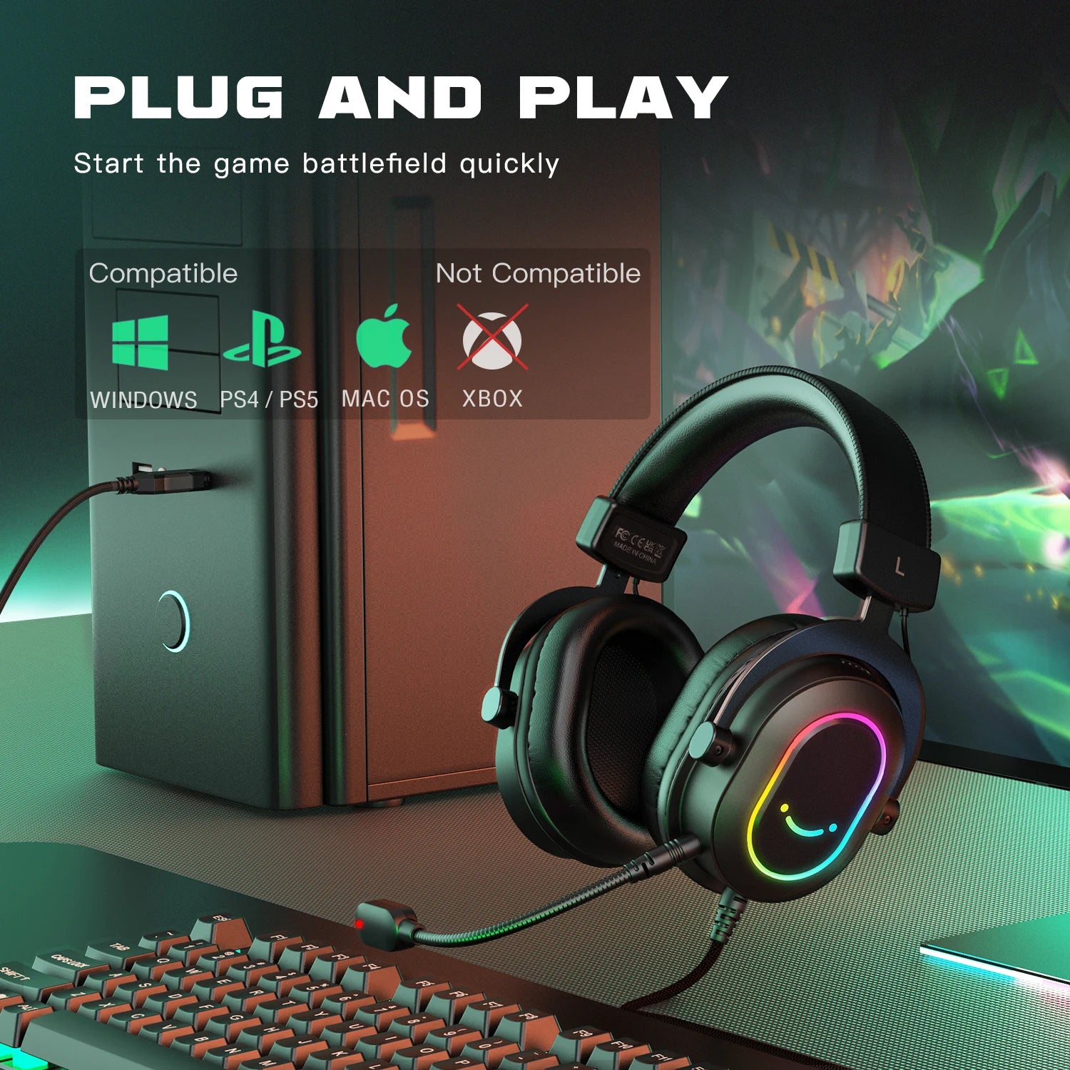 Casque de jeu FIFINE USB RGB avec micro, son surround 7.1, 3-EQ, plug & play pour PC/PS5 - H6