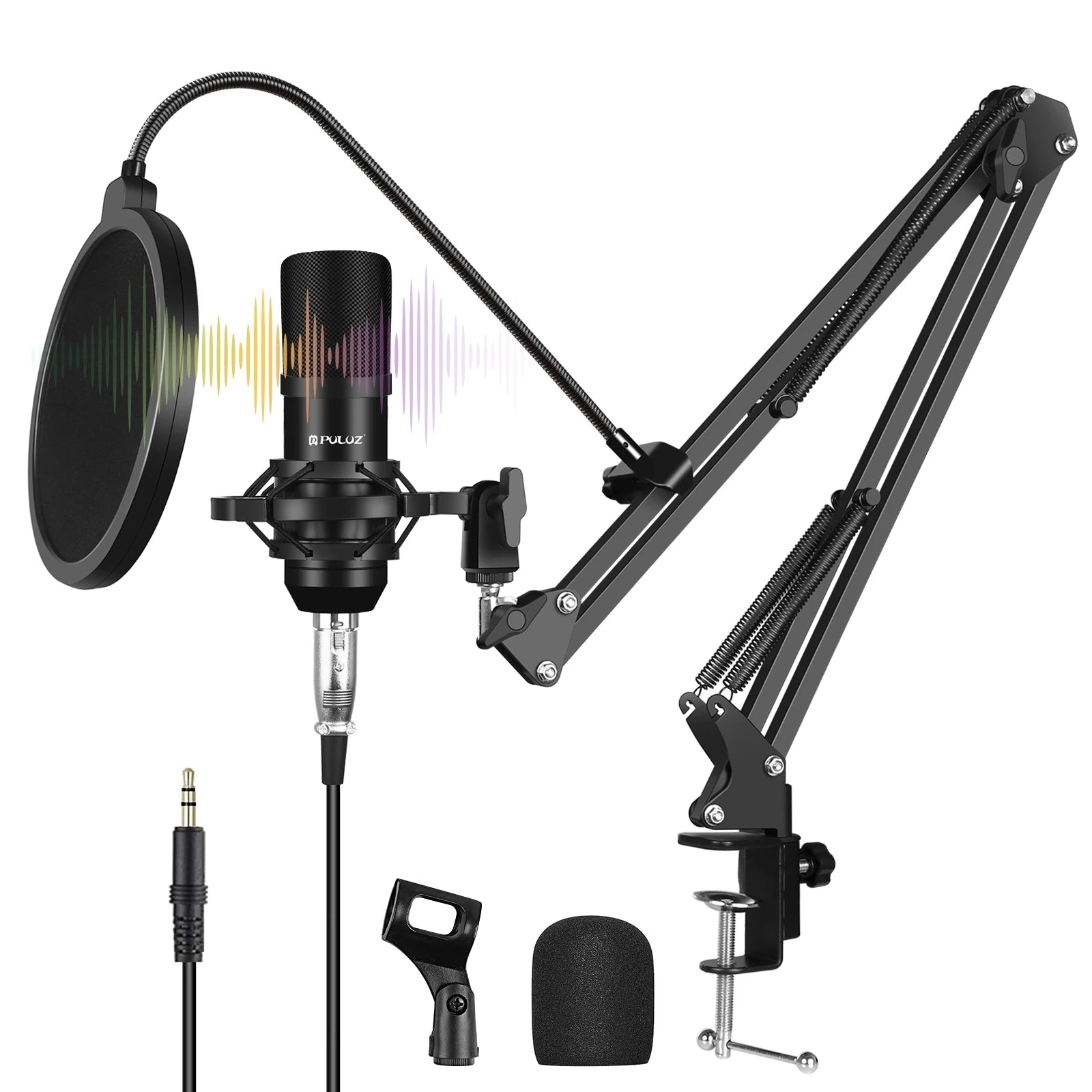 Kit microphone professionnel de studio à condensateur, avec bras articulé de suspension, support anti-choc métallique et carte son USB