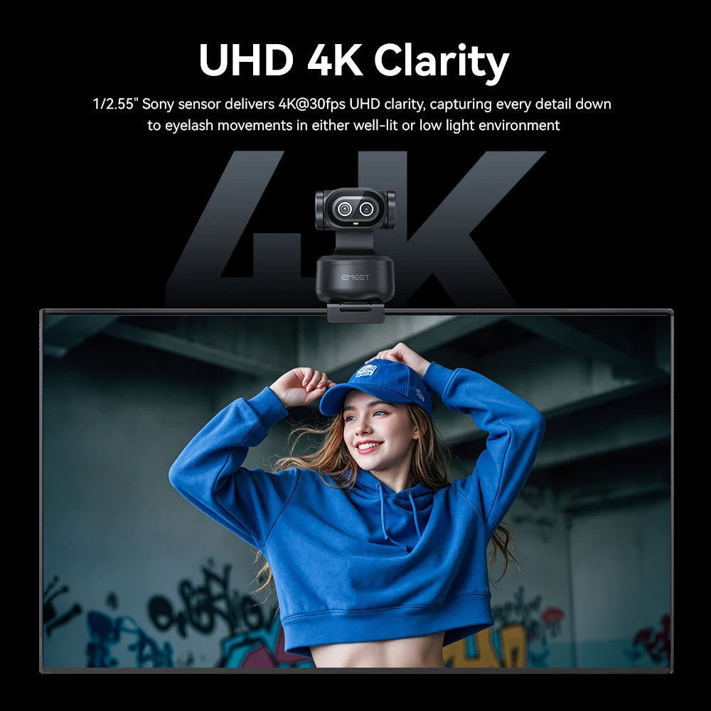 Webcam 4K EMEET PIXY à double caméra – Suivi AI, Capteur Sony, Contrôle gestuel, Autofocus et 3 micros intégrés pour streaming et visioconférence