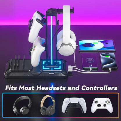 Support de Casque de Bureau avec Support Téléphone - Support Détachable pour Manette avec 9 Modes d'Éclairage, Repose-Casque Gaming avec Ports de Charge USB, Porte-Casque Rotatif pour Accessoires de PC Gaming